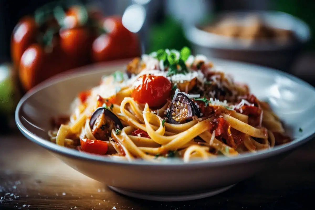 Tagliatelles maison à la tomate et aubergines